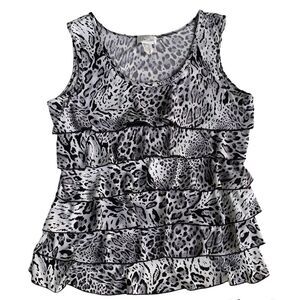 Jon Den blouse sleeveless tiered layered black white cheetah leopard print satin